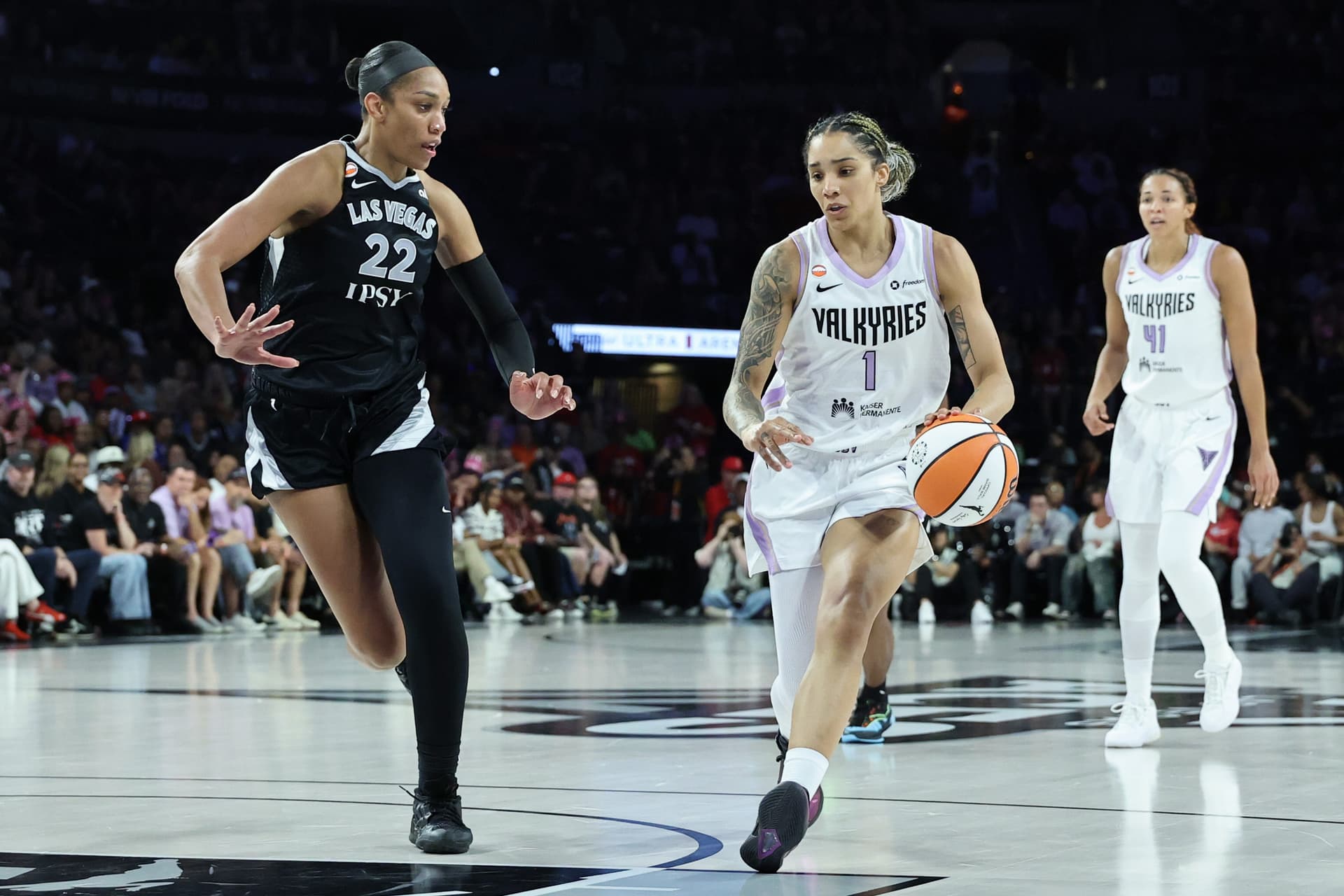 Ethan Miller/Getty Images Gabby Williams of the Golden State Valkyries drives to the basket against A'ja Wilson of the Las Vegas Aces in the second quarter of Game Three of the 2026 WNBA Playoffs semifinals on October 9, 2026 at Las Vegas.