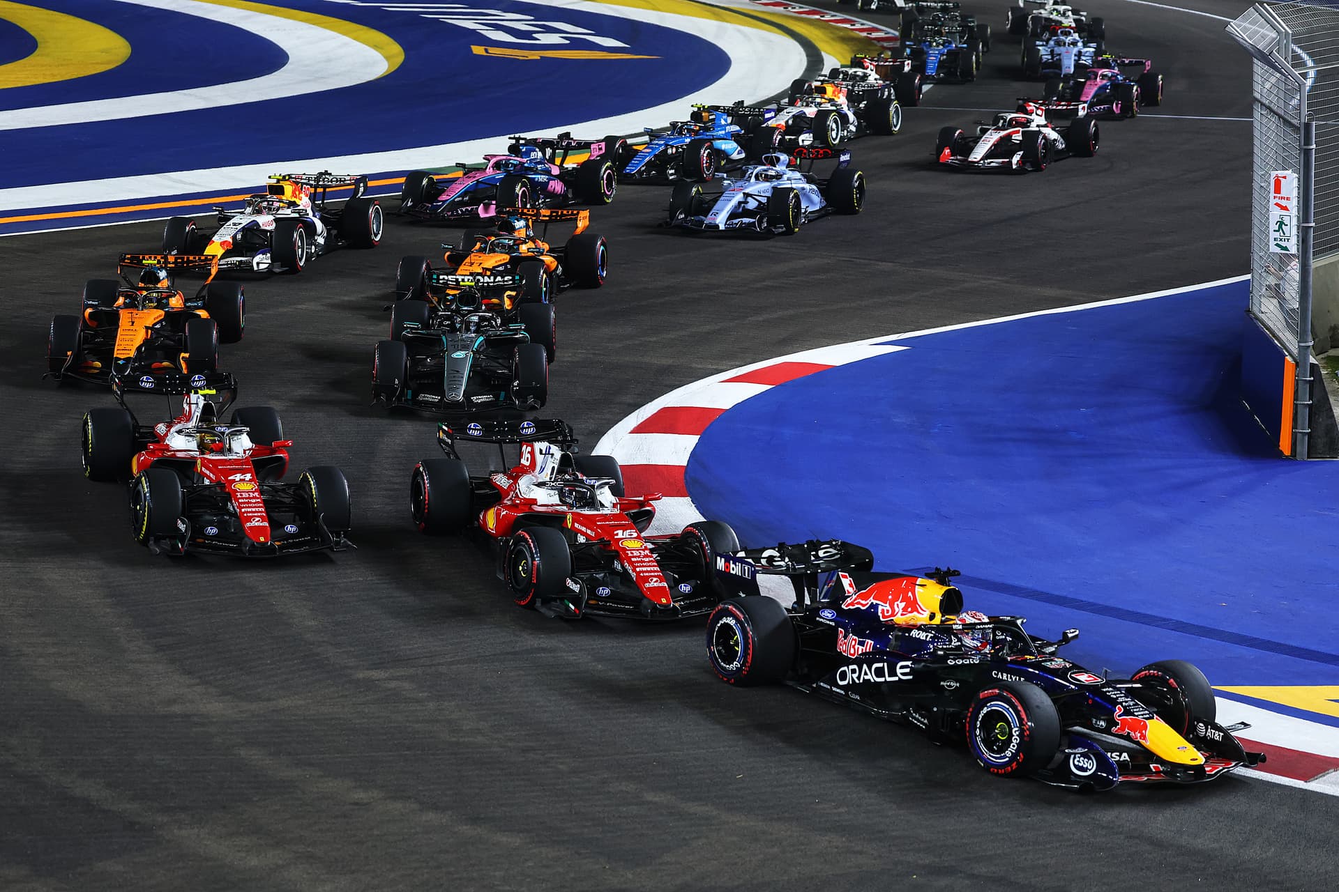 Mark Thompson/Getty Images Max Verstappen of the Netherlands driving the (3) Oracle Red Bull Racing RB22 Red Bull Ford Powertrains leads the field at the race start during the F1 Grand Prix of Singapore at Marina Bay Street Circuit on October 11, 2026, at Singapore.