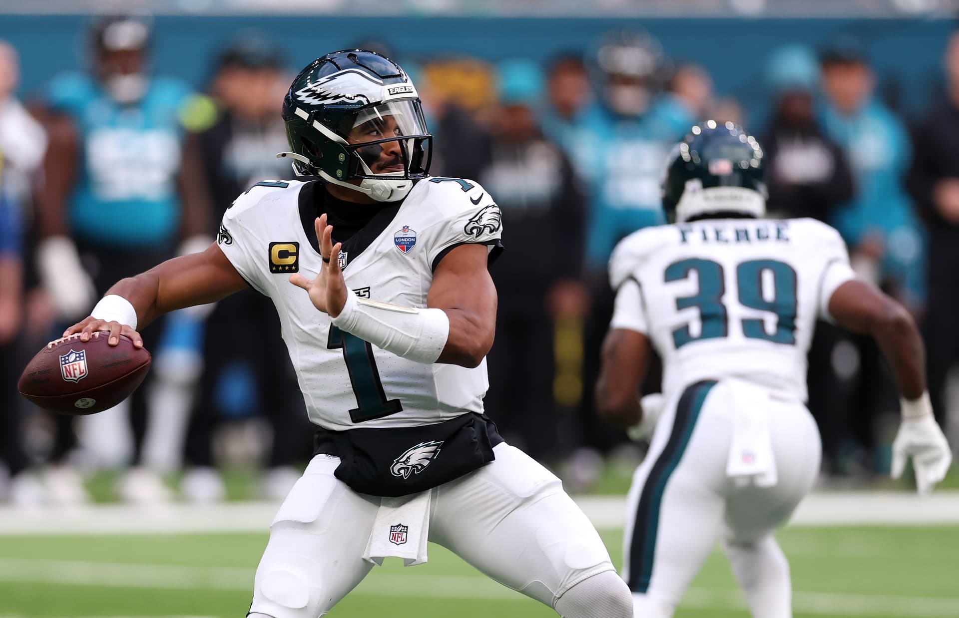 Ryan Pierse/Getty Images. Jalen Hurts of the Philadelphia Eagles in the match between Philadelphia Eagles and Jacksonville Jaguars at London on October 11, 2026.