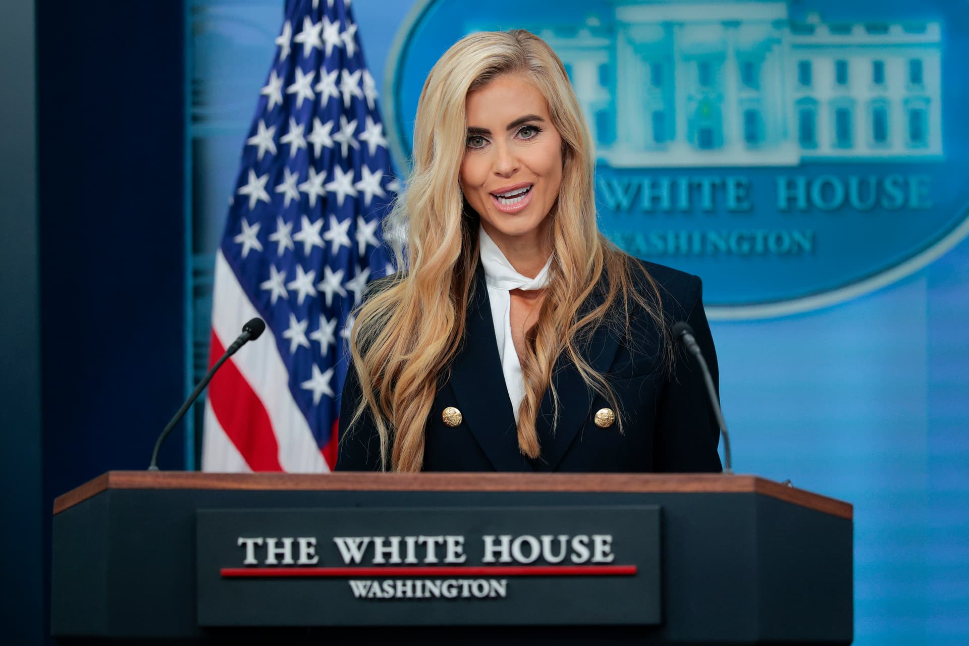 Chip Somodevilla/Getty Images White House Press Secretary Katie Zacharia speaks during her debut news briefing.