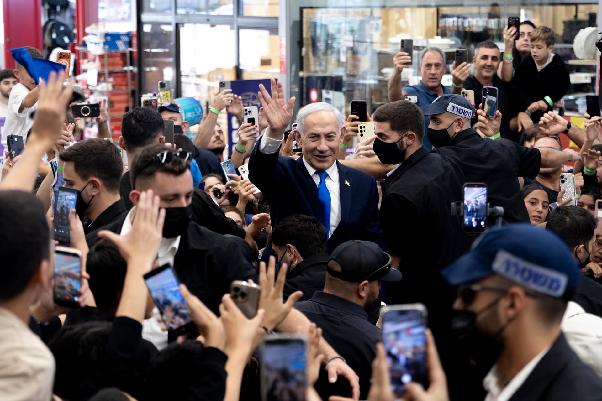 Amir Levy/Getty Images. Israeli Prime Minister and Likud Party leader, Benjamin Netanyahu, greets supporters, during a campaign event.