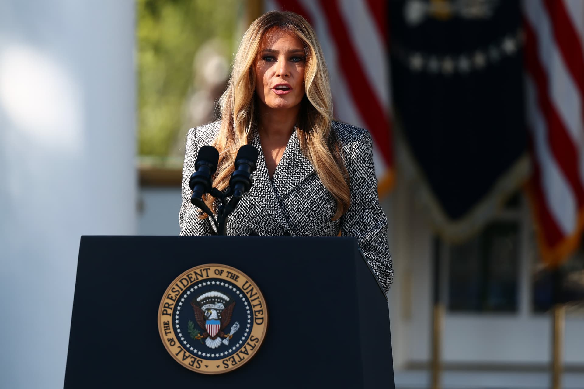 Finn Gomez/Getty Images. First lady Melania Trump delivers remarks.
