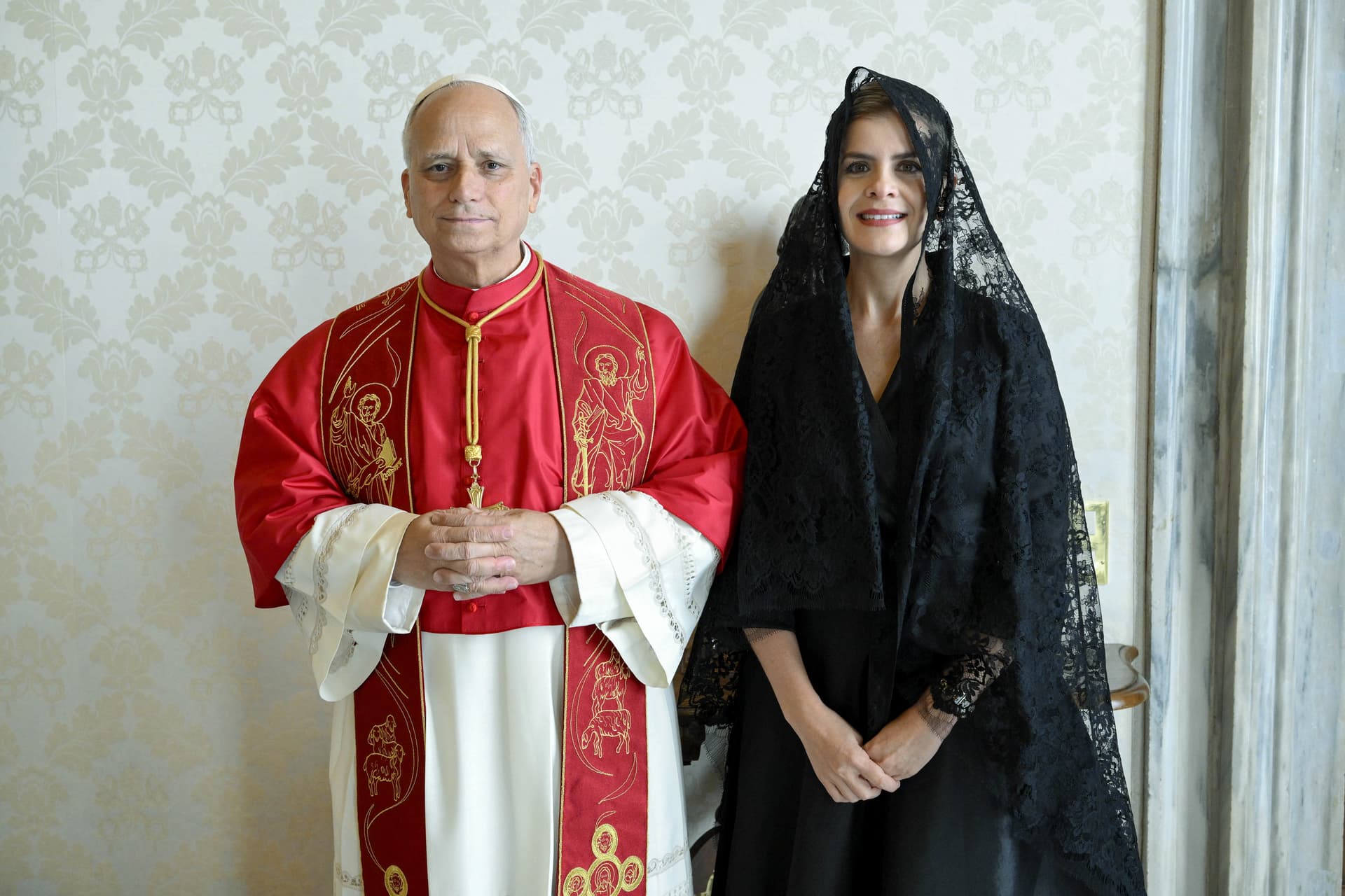 Vatican Pool/Getty Images Pope Leo XIV poses with the President of Costa Rica, Laura Fernandez Delgado, during an audience at the Apostolic Palace on October 29, 2026 at Vatican City.