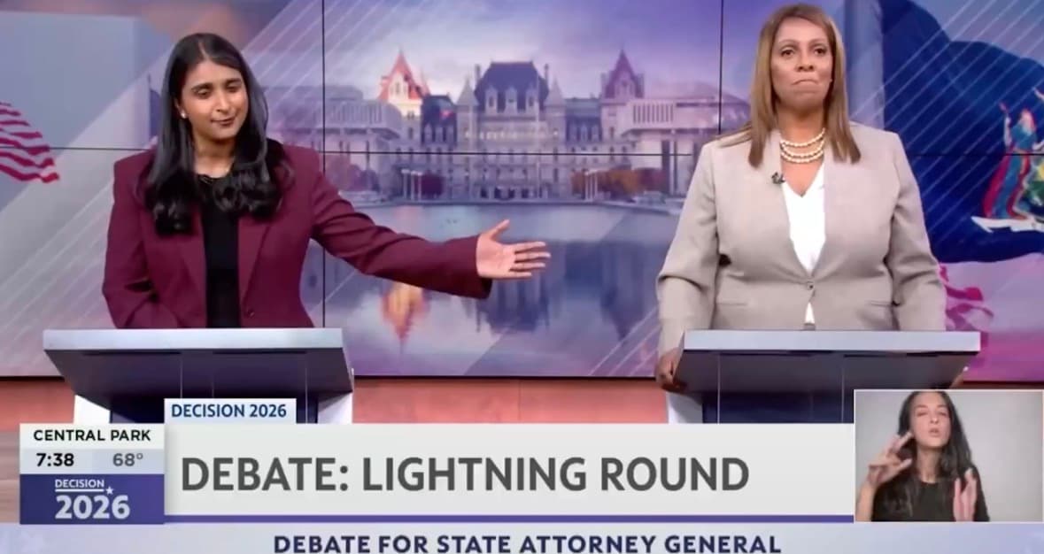 Screenshot / The New York Sun Saritha Komatireddy debates Letitia James in Attorney General debate.