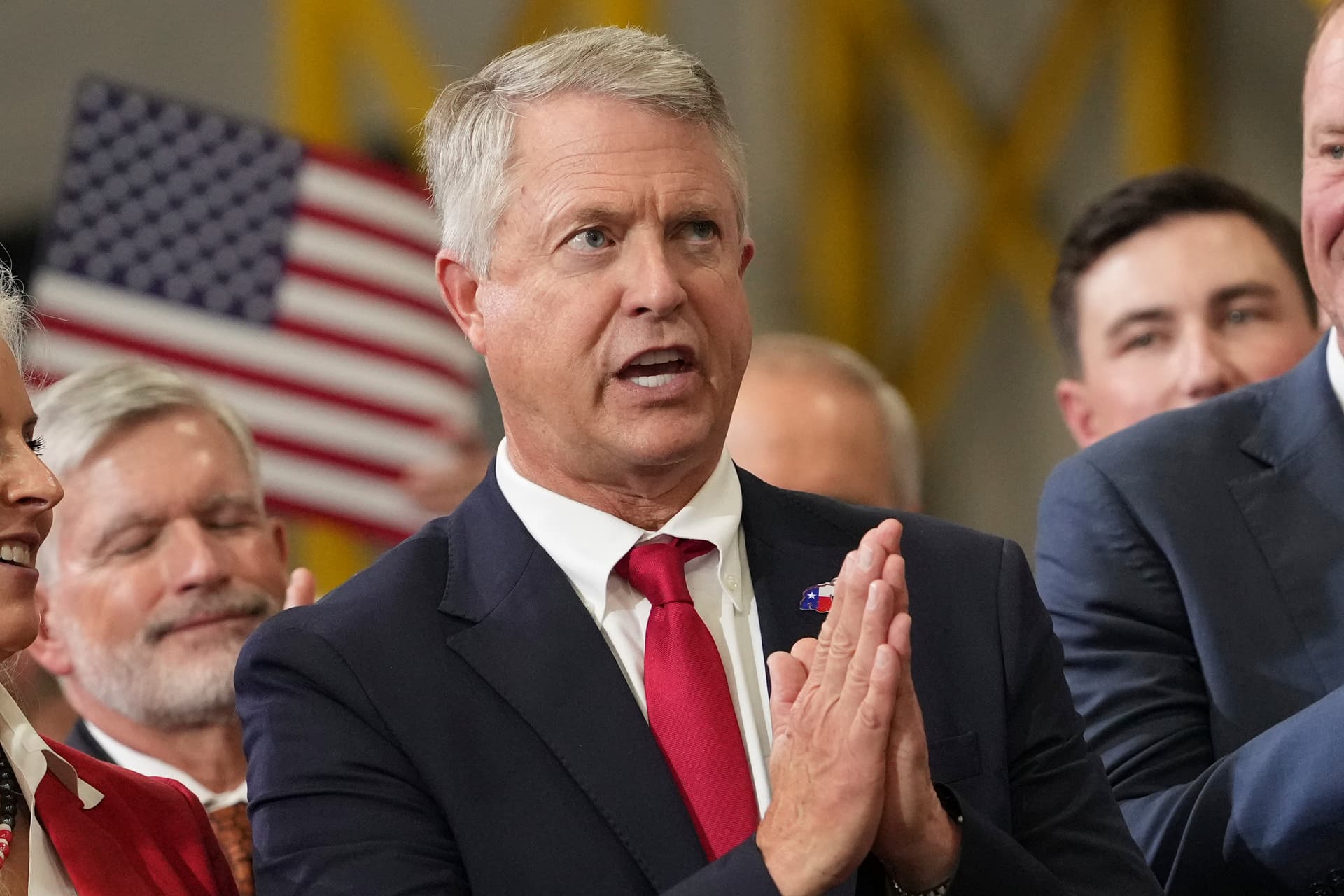 Mark Schiefelbein-Pool/Getty Images Senator Roger Marshall gestures as Vice President JD Vance speaks during an event at Webco Manufacturing on September 14, 2026, at Olathe, Kansas.