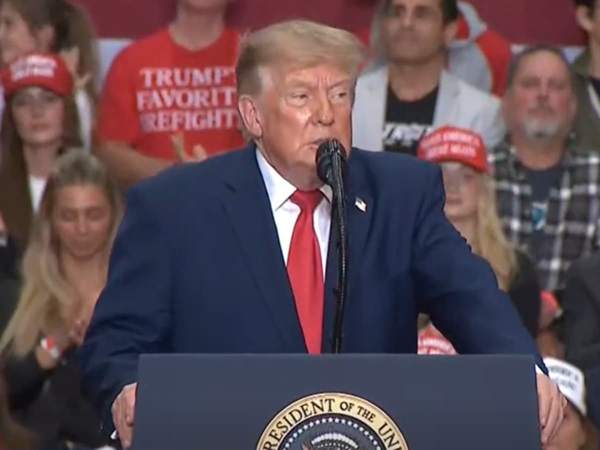 YouTube President Trump speaks to voters at a campaign rally for Senate candidate Mike Rogers at Port Huron, Michigan on October 25, 2026.