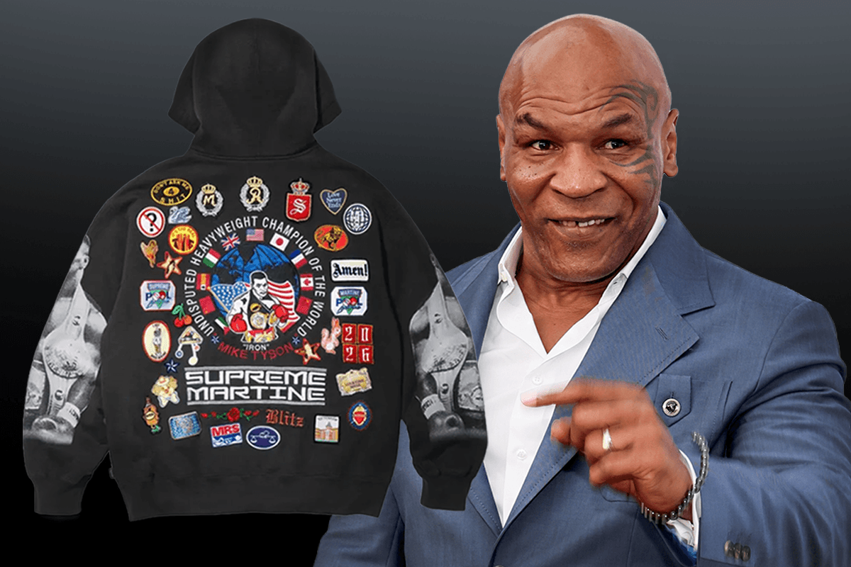 Composite. Supreme and Paul Archuleta/Getty Images Mike Tyson and the Supreme jacket.