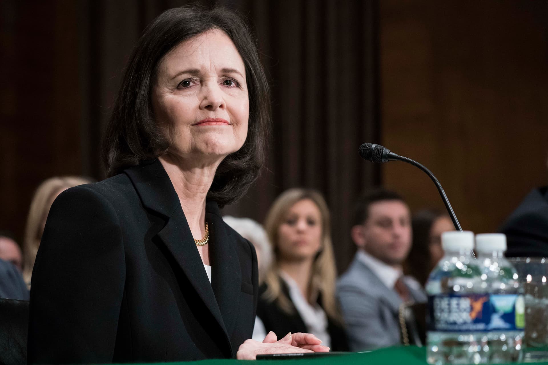 Sarah Silbiger/Getty Images Judy Shelton testifies before the Senate Banking, Housing, and Urban Affairs Committee on February 13, 2020.